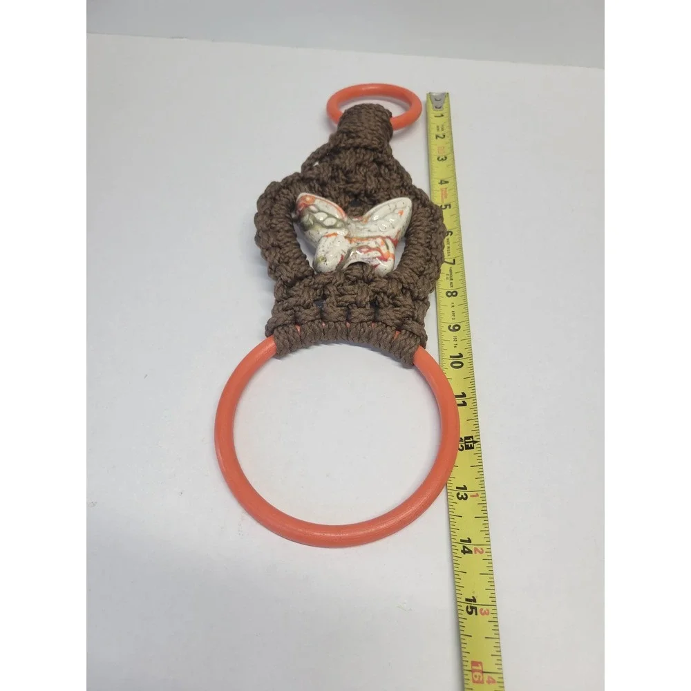 Vintage Macrame Butterfly Towel Holder Brown Orange Ceramic Retro Boho 70s Decor